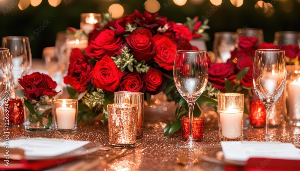 Fototapeta premium Romantic Table Setting with Red Roses and Candlelight