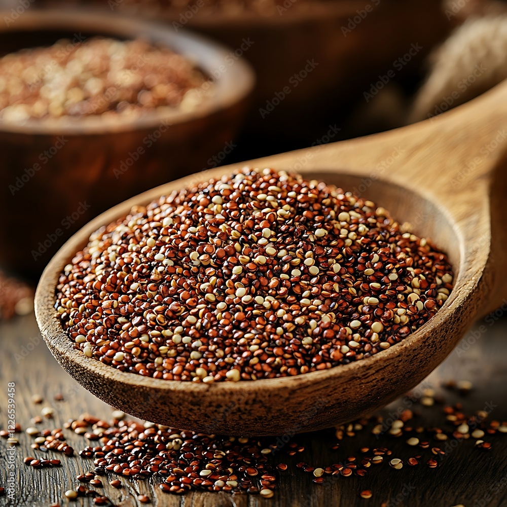 High-resolution image of quinoa placed in a spoon on a kitchen table, surrounded by kitchen accessories, with natural light enhancing the grains’ appearance High-resolution image of quinoa placed in a spoon on a kitchen table, surrounded by kitchen accessories, with natural light enhancing the grains’ appearance