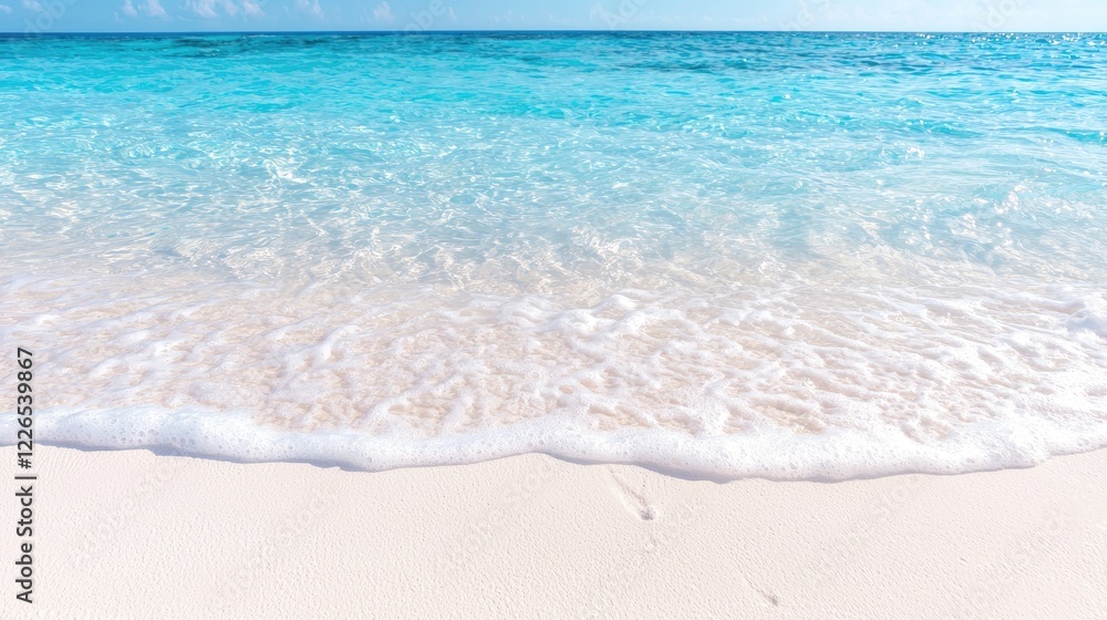 Obraz premium Gentle turquoise ocean wave washing onto a pristine white sand beach under bright daytime sunlight.