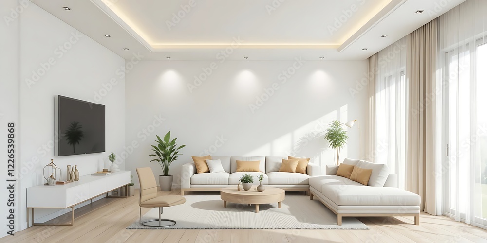 Fototapeta premium Modern minimalist living room interior design with sectional sofa