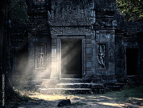 Mysterious Ancient Temple Ruins Shrouded in Jungle Shadows photo