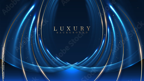Blue luxury background with effect Glowing with bokeh and golden curves, this elegant backdrop design concept is ideal for product promotions and award ceremonies.