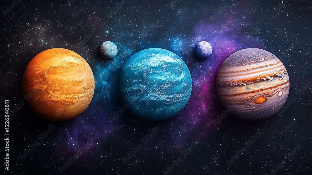 Three planets in space nebula background stars moon Three planets in space nebula background stars moon
