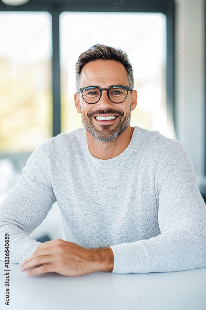 Smiling man in a cozy setting showcasing confidence and warmth in contemporary decor Smiling man in a cozy setting showcasing confidence and warmth in contemporary decor