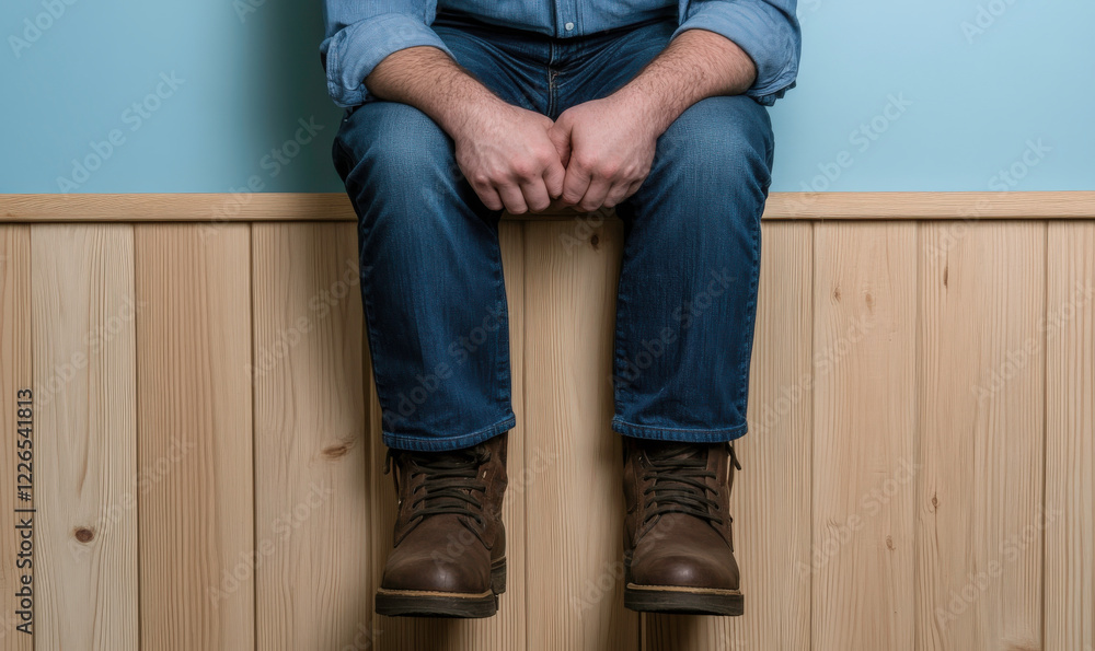 Casual Lifestyle Shot of Person Sitting on Wooden Bench, Showing Nice Brown Boots, Comfortable Jeans, and Relaxed Posture Against Pastel Background