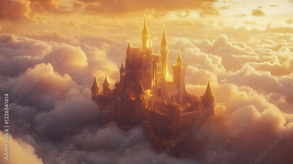 Fototapeta premium Enchanting fairy tale castle above the clouds fantasy landscape digital art aerial view