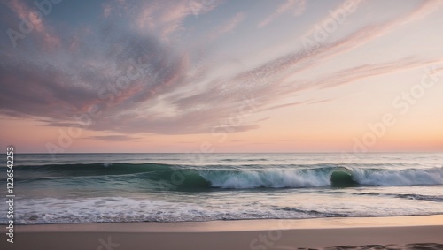 A tranquil beach wedding backdrop featuring gentle waves and a romantic sunset, ideal for dreamy photography and coastal wedding invitations.. photo