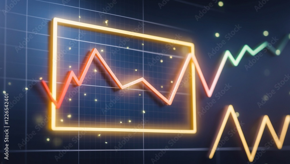 Fototapeta premium A digital screen displaying a line graph with multiple colored lines moving upward, over a dark grid background with glowing data points