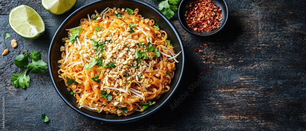 Pad thai noodles with lime and chili flakes on dark wood table top view food photography Pad thai noodles with lime and chili flakes on dark wood table top view food photography