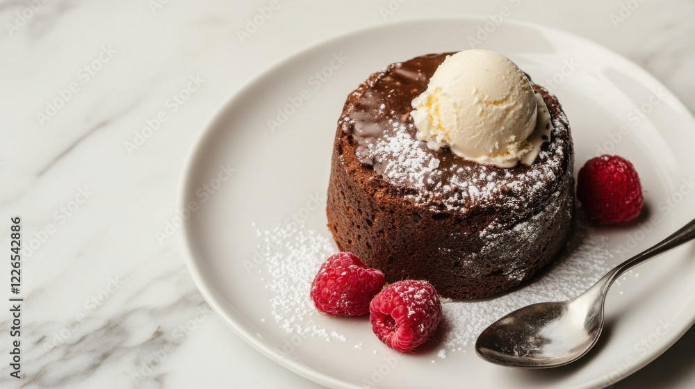 A decadent and rich molten chocolate soufflé with a gooey center, served with a dusting of powdered sugar and a scoop of vanilla ice cream, Soufflé centered A decadent and rich molten chocolate soufflé with a gooey center, served with a dusting of powdered sugar and a scoop of vanilla ice cream, Soufflé centered