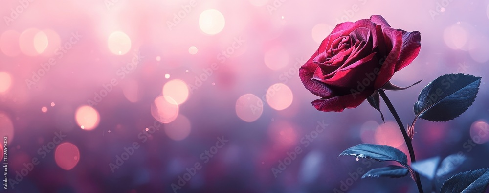 Obraz premium Single Dew-Kissed Red Rose Against a Soft Pink and Purple Bokeh Background
