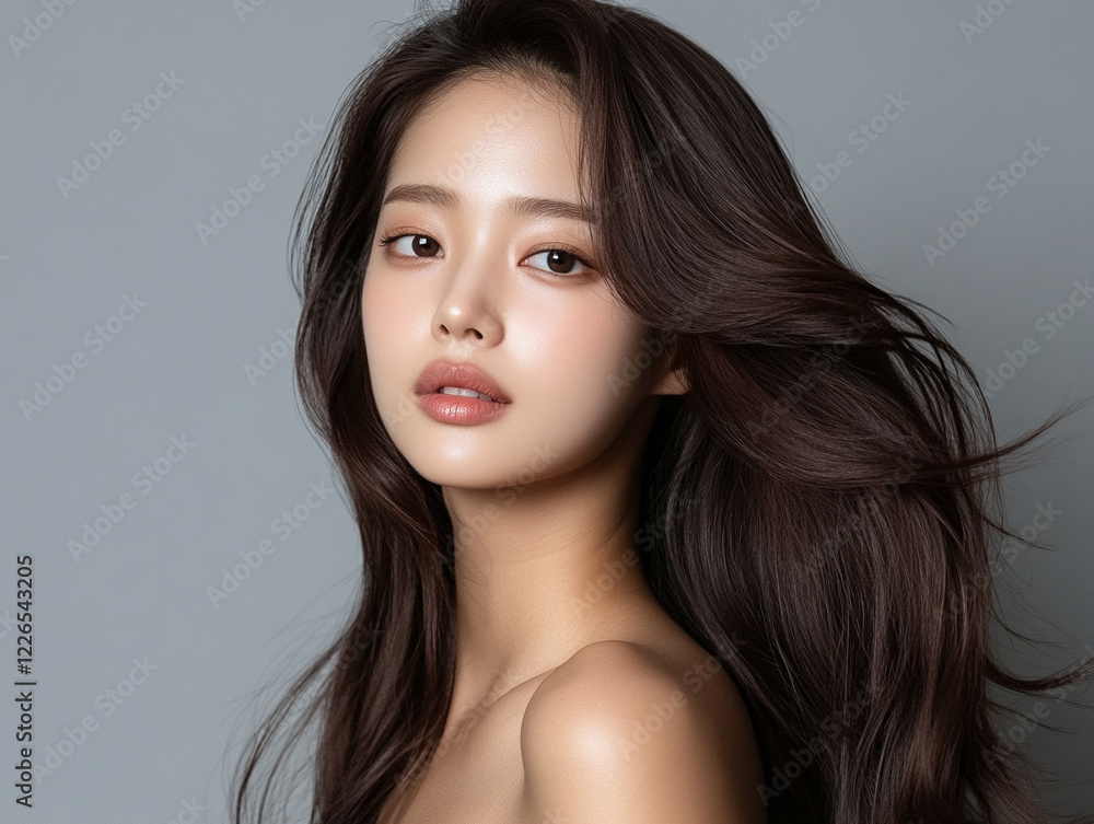 Model with flowing hair poses against gray backdrop Model with flowing hair poses against gray backdrop