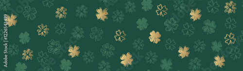 Gold Clover pattern on green, Saint Patricks Day, hand drawn illustrations.	
