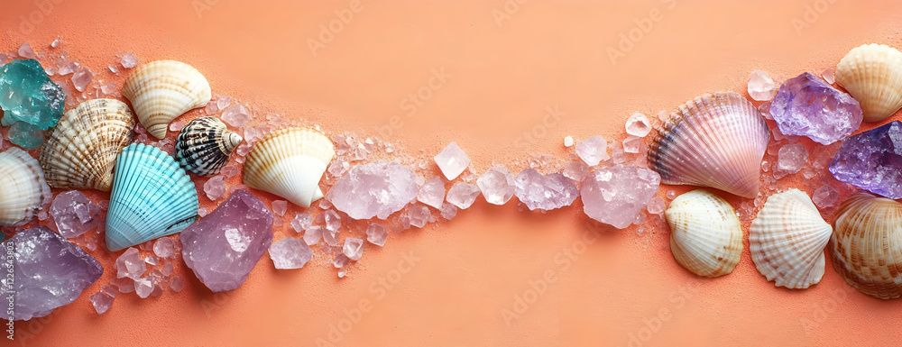 Obraz premium Seashells, crystals, coral backdrop