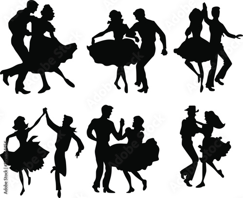 Dance Couple Silhouettes: Minimalist Retro Ballroom and Swing Dance Art