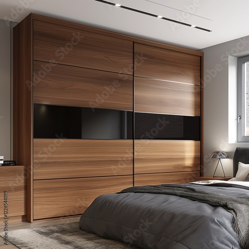 Wooden wardrobe with glossy sliding doors in minimalist.