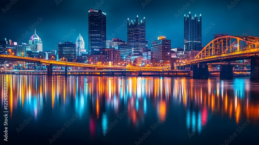 Naklejka premium Cityscape reflections pittsburgh nights
