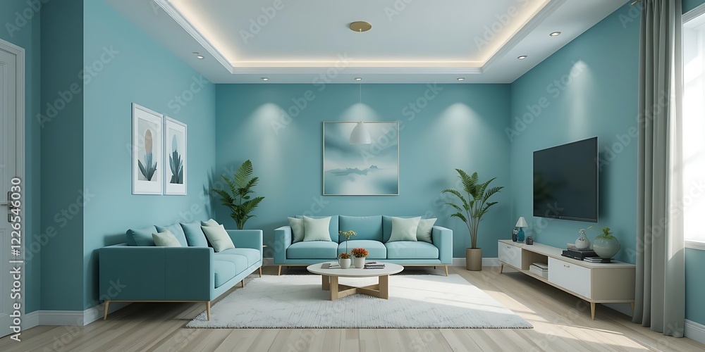 Fototapeta premium Modern Teal Living Room Design With Comfortable Sofas