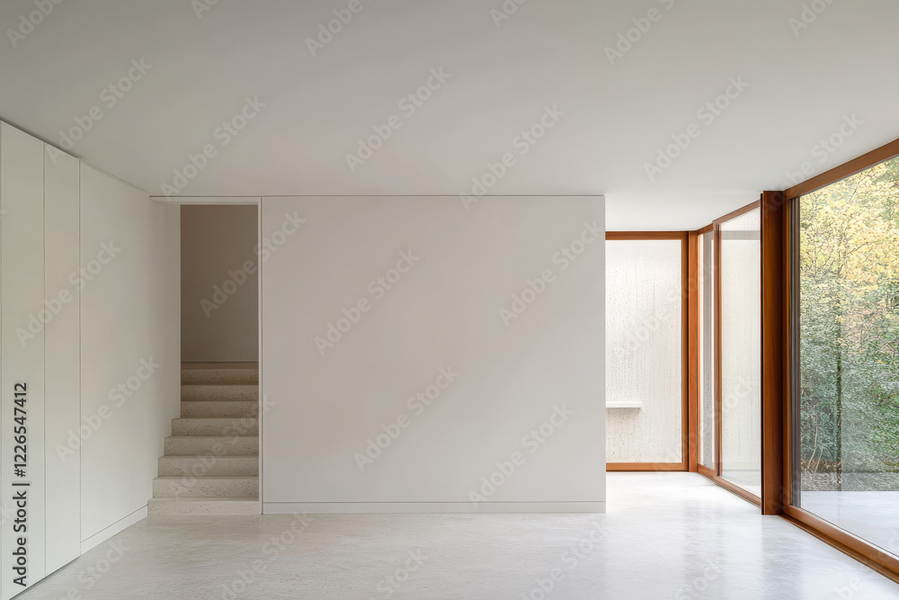 Obraz premium Modern minimalist interior with natural light in residential space overlooking greenery