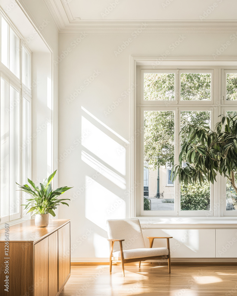 Fototapeta premium Bright and airy living room with large windows and plants during daylight