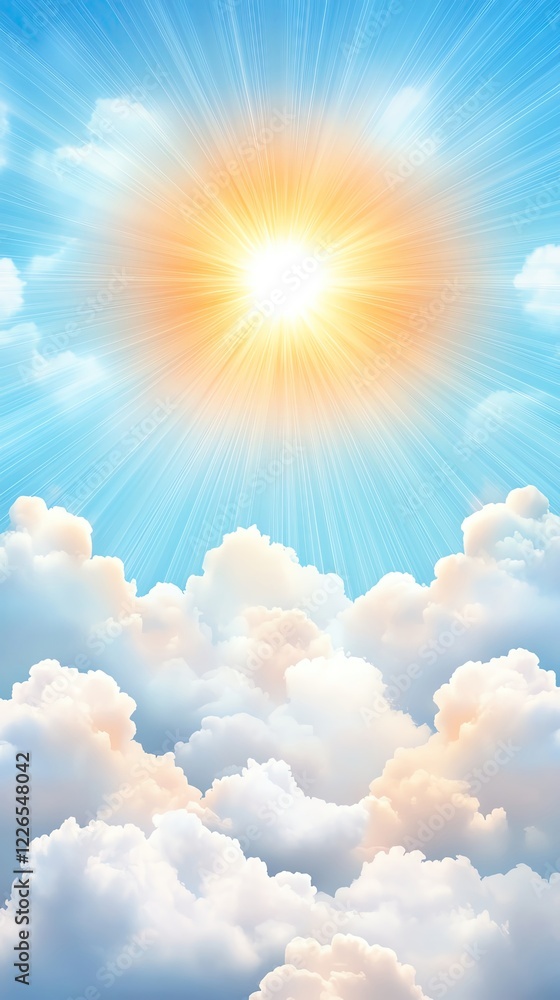 Bright sun shining over fluffy white clouds. Bright sun shining over fluffy white clouds.