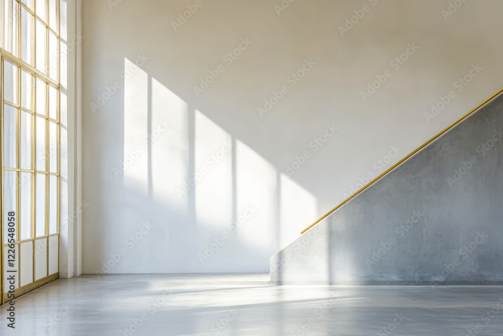 Fototapeta premium Sunlight casts shadows on modern interior with stairs and large windows in a minimalist space