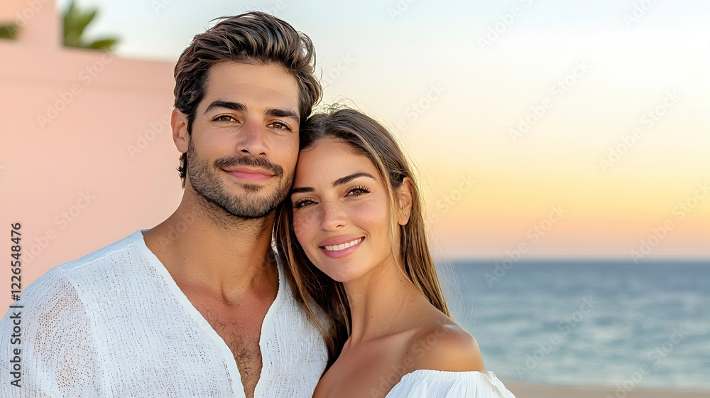 Happy couple enjoying sunset by the beach with sea in background Happy couple enjoying sunset by the beach with sea in background