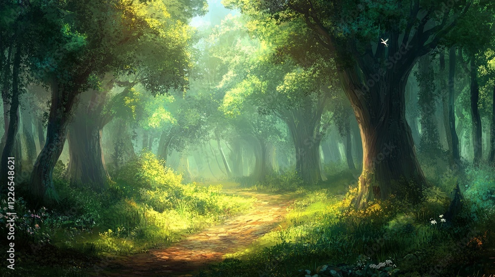 Fototapeta premium Sunlit forest pathway serene nature landscape tranquil environment ground level natural beauty