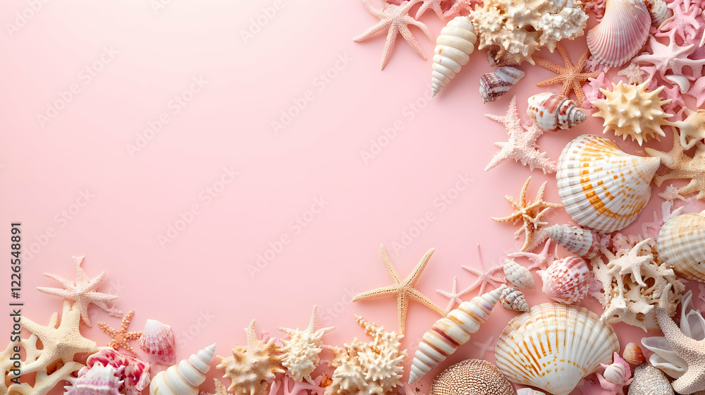 Obraz premium Pink background seashells starfish summer banner