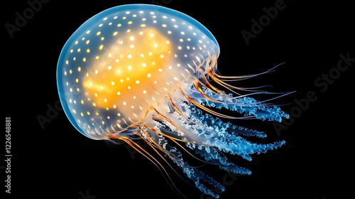 Glowing jellyfish in dark ocean waters.