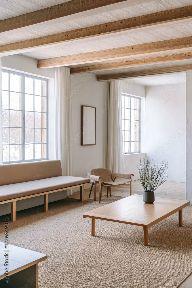 Fototapeta premium Modern and minimalistic living room design with natural light and wooden accents
