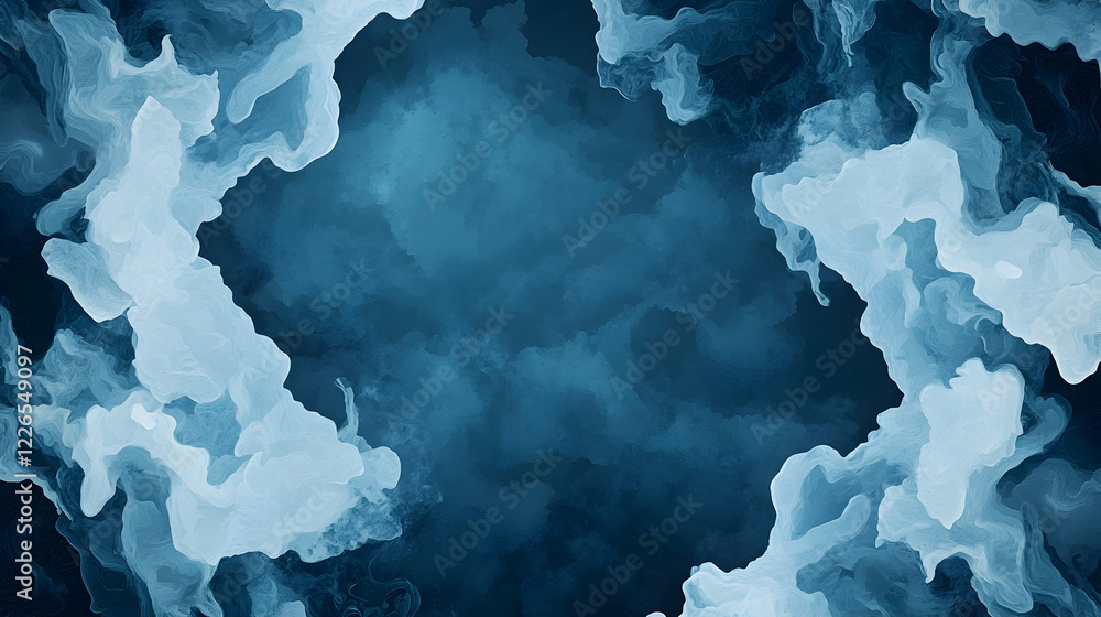 Obraz premium Abstract blue ink clouds frame, dark background, design element, website banner