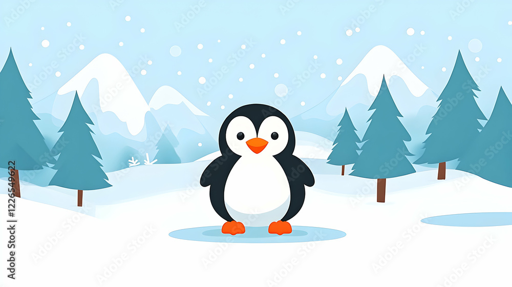Naklejka premium Adorable penguin in snowy mountains; winter wonderland background; children's book illustration