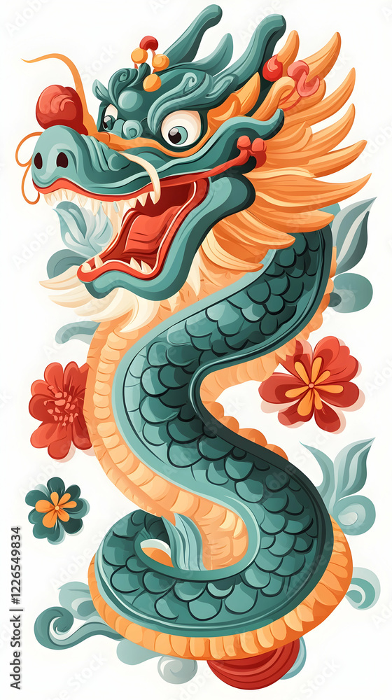 Asian dragon art, floral background, mythical creature illustration, design element Asian dragon art, floral background, mythical creature illustration, design element