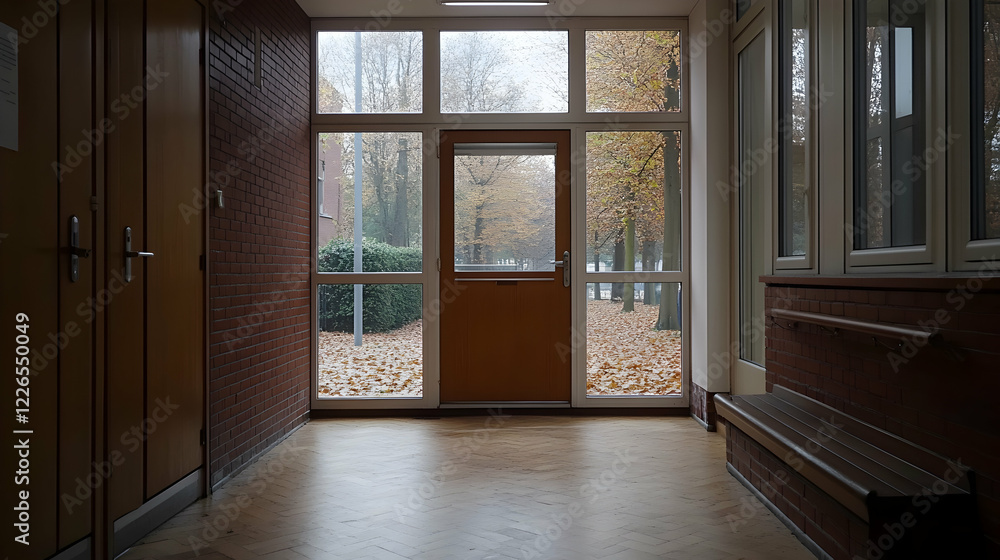 Autumnal hallway; exit to tree-lined street; school interior; peaceful atmosphere; educational setting Autumnal hallway; exit to tree-lined street; school interior; peaceful atmosphere; educational setting