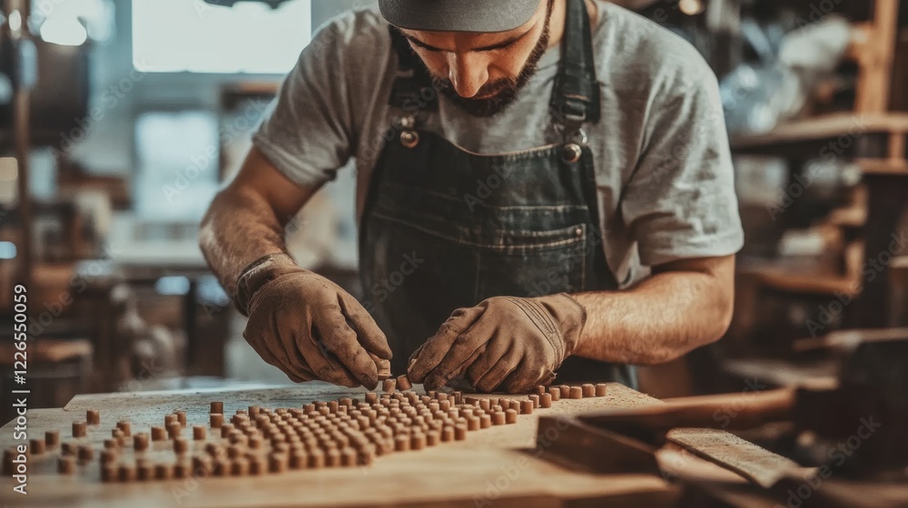 A carpenter installing dowels into a piece of wood as part of a handcrafted furniture assembly. A carpenter installing dowels into a piece of wood as part of a handcrafted furniture assembly.