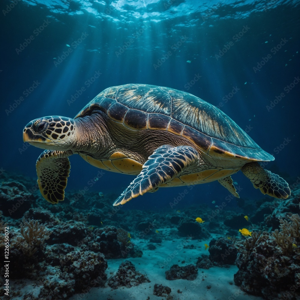 A bioluminescent sea turtle in an ethereal underwater world. A bioluminescent sea turtle in an ethereal underwater world.