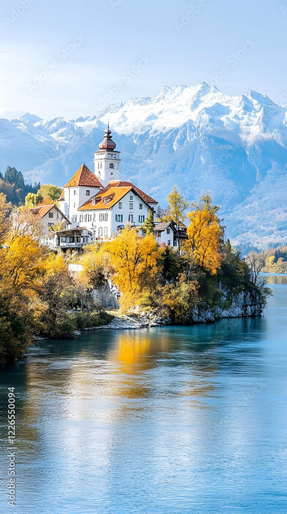 Fototapeta premium Autumnal Lakeside Castle, Alpine Mountains Background, Calm Water Reflection, Tourism Postcard