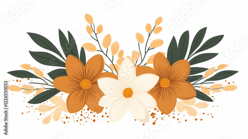 Autumnal floral arrangement, leaves, flowers, white background, design element, website decoration