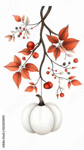 Autumnal branch with berries and white pumpkin; fall decor; Thanksgiving invitation