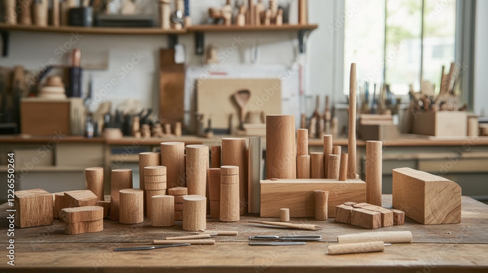 A collection of wooden blocks, dowels, and tools on a rustic table in a warm, inviting workshop. A collection of wooden blocks, dowels, and tools on a rustic table in a warm, inviting workshop.