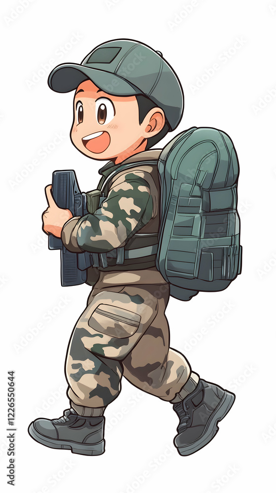 Fototapeta premium Cartoon soldier hiking, carrying backpack, map, outdoors. Ideal for children's book illustrations