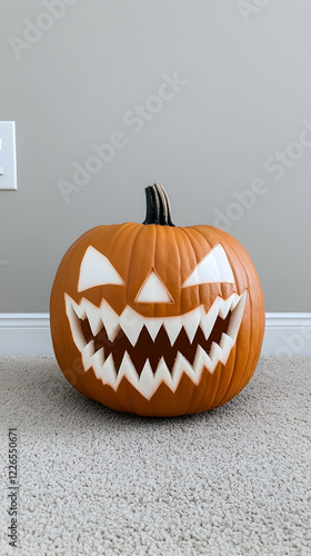 Carved Halloween pumpkin on carpet, neutral background.  Holiday decoration, autumn photo