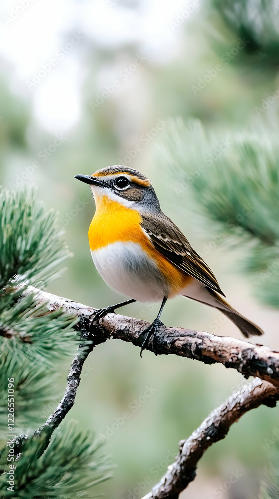 Fototapeta premium Colorful bird perched on pine branch, forest background, nature photography, website banner