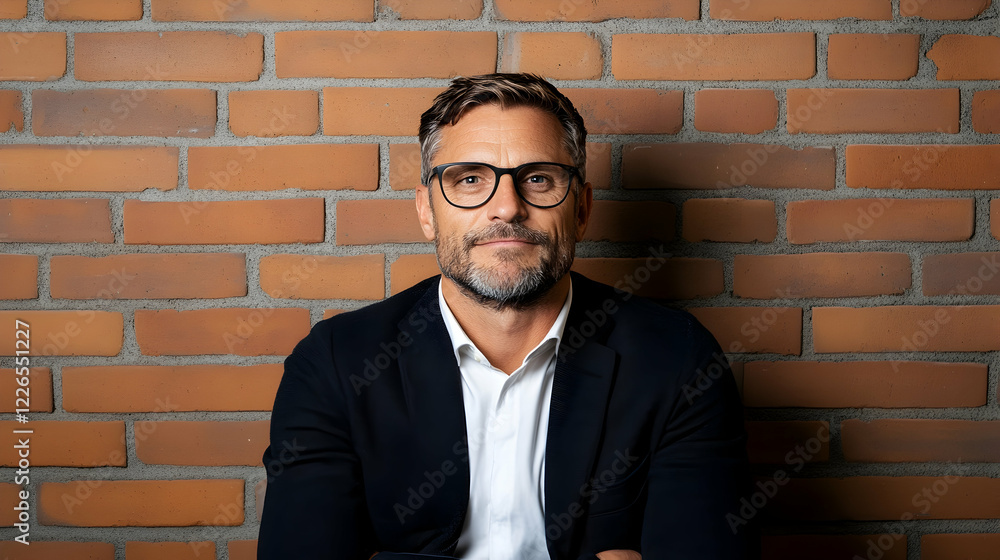 Confident businessman portrait, brick wall background, professional headshot, corporate website use Confident businessman portrait, brick wall background, professional headshot, corporate website use