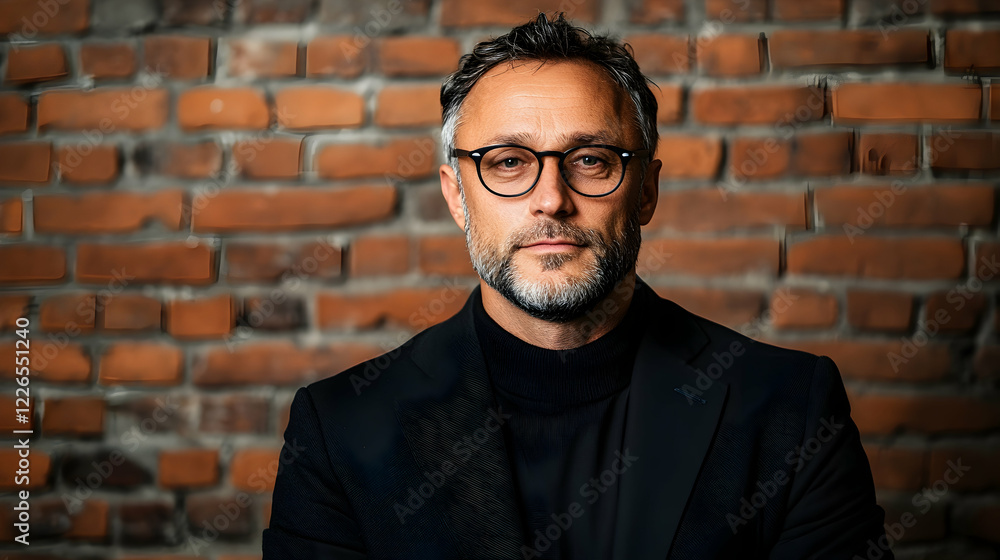 Confident man portrait, brick wall background, serious expression, professional headshot Confident man portrait, brick wall background, serious expression, professional headshot