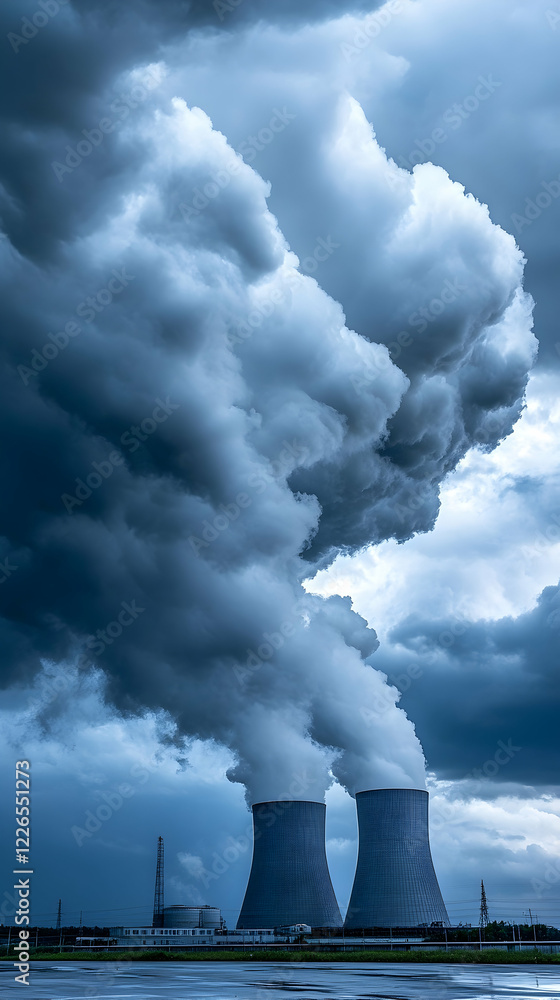 Cooling towers emitting steam under stormy skies; industrial landscape; environmental impact