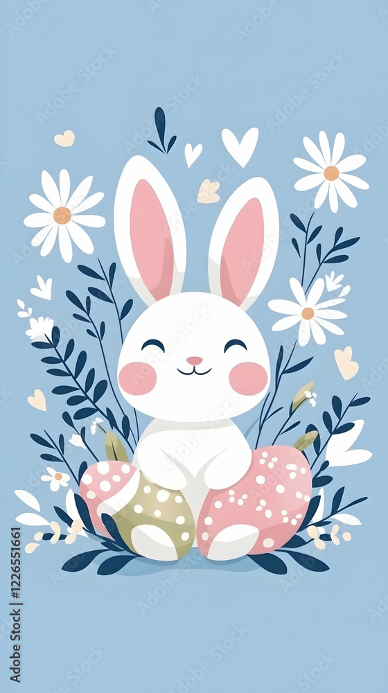 Obraz premium Cute Easter bunny sitting on eggs amidst spring flowers; pastel background, ideal for cards