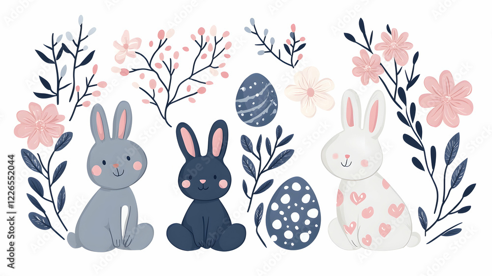 Obraz premium Easter bunnies, eggs, flowers; spring celebration design elements