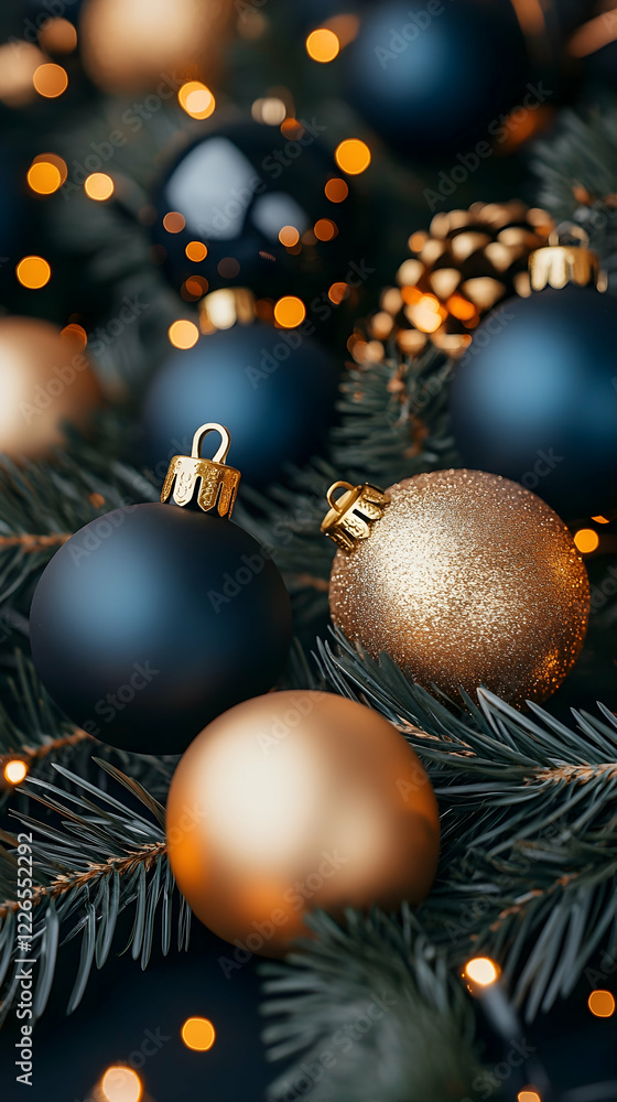 Elegant gold and blue Christmas ornaments on pine branches with warm lights. Perfect for holiday greeting cards Elegant gold and blue Christmas ornaments on pine branches with warm lights. Perfect for holiday greeting cards